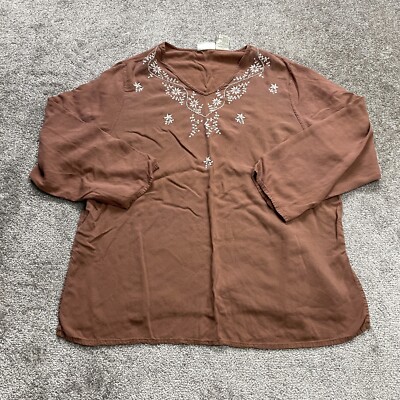 White Stag Shirt Womens PLus 18W/20W Brown Floral Embroidered Long Sleeve Ladies