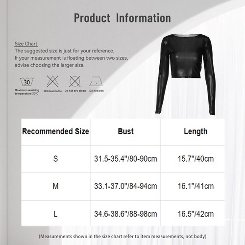 Women Fashion Shiny Metallic T-shirt Round Neck Long Sleeve Slim Fit Crop Top - Picture 2 of 9
