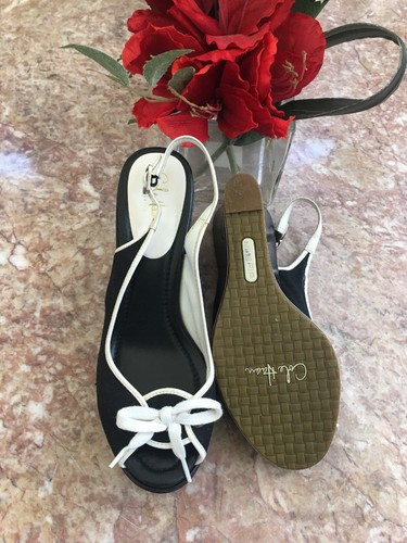 Cole Haan Women's Black Canvas Open Toe White Bow Slingback Wedge Shoes Size 7 B - Picture 7 of 8