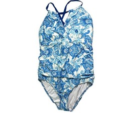 NWT Antonio Melani Women's Blue V Neck Crossback One Piece Bathing Suit Size L