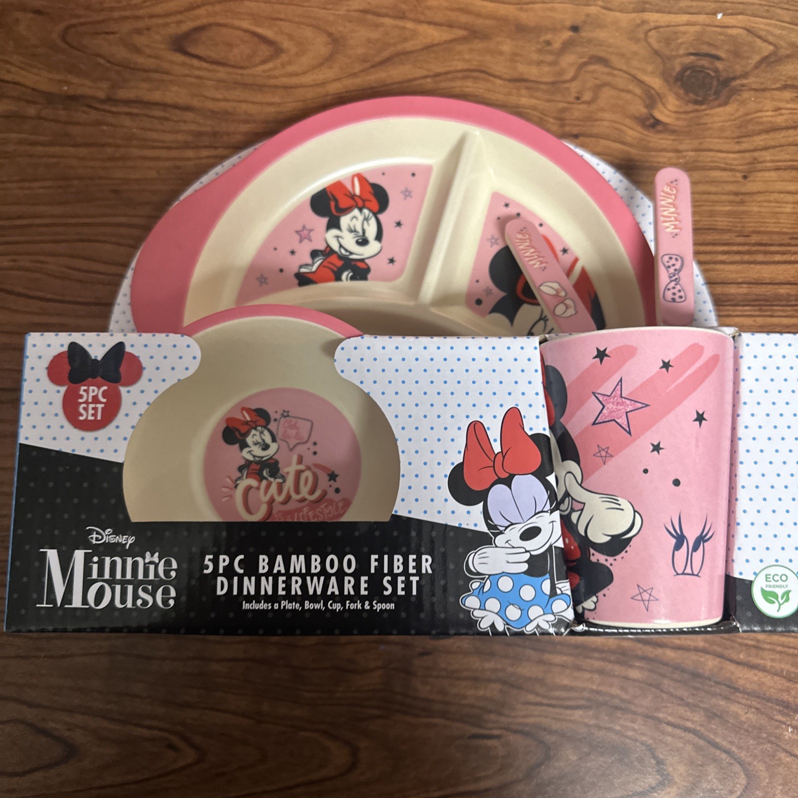 Disney Minnie Mouse Polka Dot Power 5pc Bamboo Fiber Dinnerware Plate Bowl Set