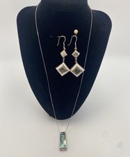 Vintage 925 Abalone Shell Necklace & Earrings Set, 24” Long, Mexico 24.19g