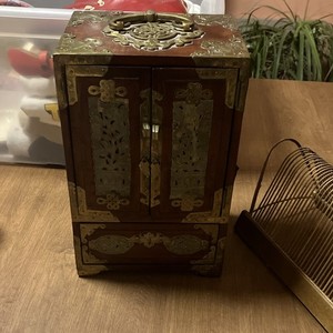 Chinese Brass Mounted Multi-Drawer Jewelry Box Dark Wood Tone Antique