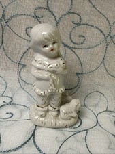 Vintage Ceramic Girl in Braids Figurine Flower  Pet Hand Painted Glazed