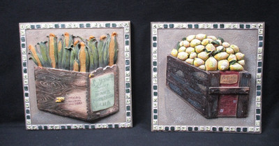 2 Resin(?) Wall Hanging Tiles - 3D - Crate of Corn & Crate of Lemons - Unbranded