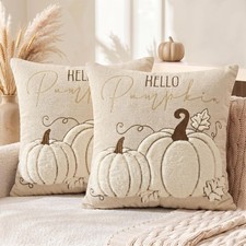 2 Pack Beige Hello Pumpkin Fall Pillow Covers 18 x 18 Inch