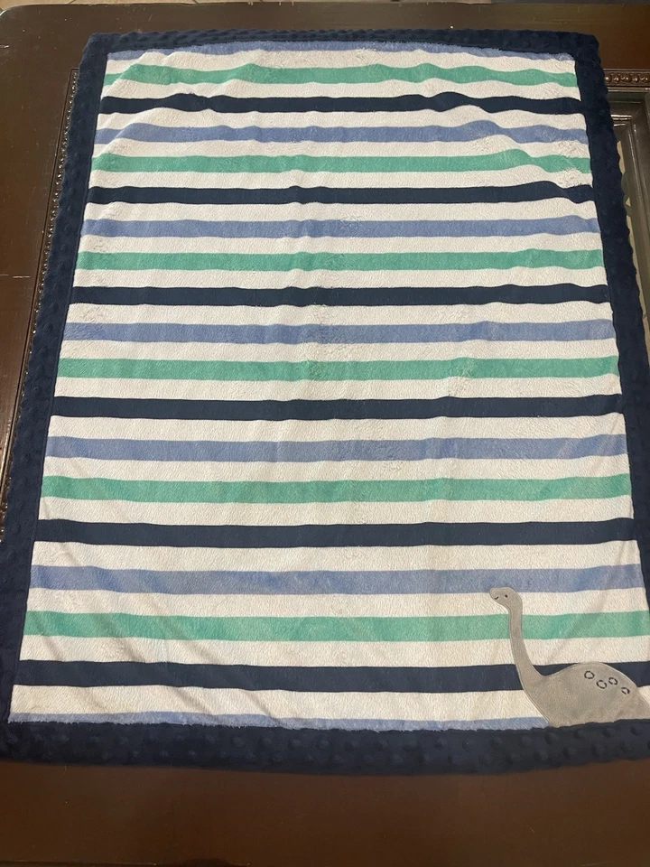 Carter Child of Mine Striped Dinosaur Blanket Blue Plush Minky Sherpa Dot Trim - Image 2 of 4