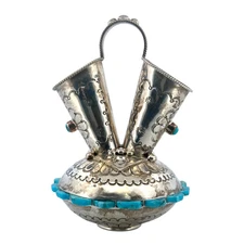 Wilford Begay, Vase, Kingman Turquoise, Sterling Silver, Navajo Handmade, 4 1/2"