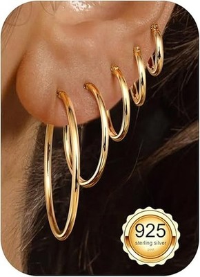 5 pares aretes aros plata de el 925 y oro 14k mujer hipoalergenicos varios mm