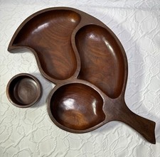 Mid Century Carved Solid Wood Divided Serving Platter with Small Bowl