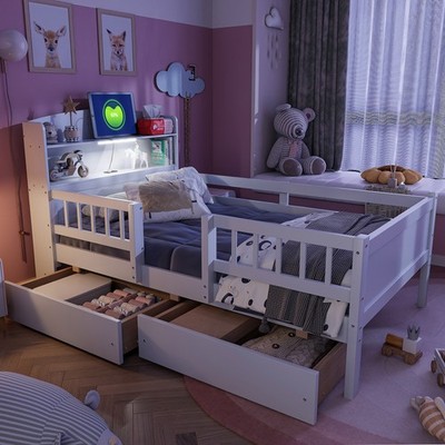 Wood Twin Size Platform Bed with Built-in LED Light, Multi-functional Headboar