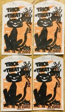 TRICK OR TREAT VINTAGE CANDY PAPER BAG LOT OF (4)~BLACK CAT AND SCARY HOUSE