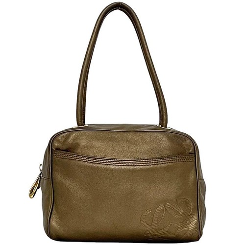 LOEWE Hand Bag Tote Purse Anagram Leather Gold Brown Authentic