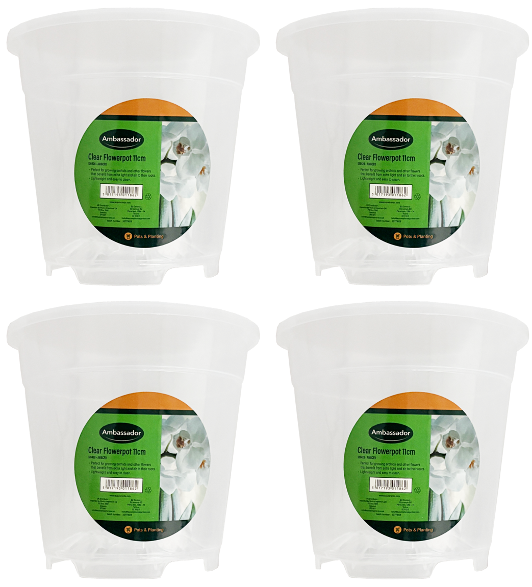 4x Ambassador Garden Clear Plastic Flower Orchid Plant Pot Planter Growing- 11cm