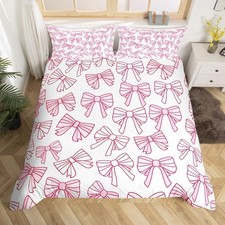 White Pink Bow Duvet Cover Queen Size,Simple Bow Comforter Cover with 2 Pillo...