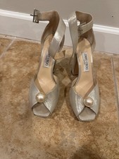 Authentic Jimmy Choo Metallic Champagne Pearl Platform Peep Toe Block heel