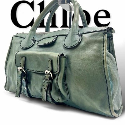 Chloe Green Leather Tote Handbag Vintage Women 16.9in × 11in