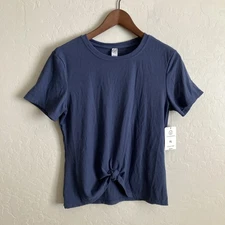 Ribbed Top Womens XL Blue Stretch Short Sleeve Tee Shirt Gym Runs Small