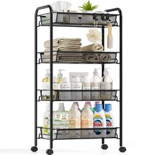 4-Tier Metal Utility Cart Mesh Wire Rolling on Wheels Storage Trolley with Easy