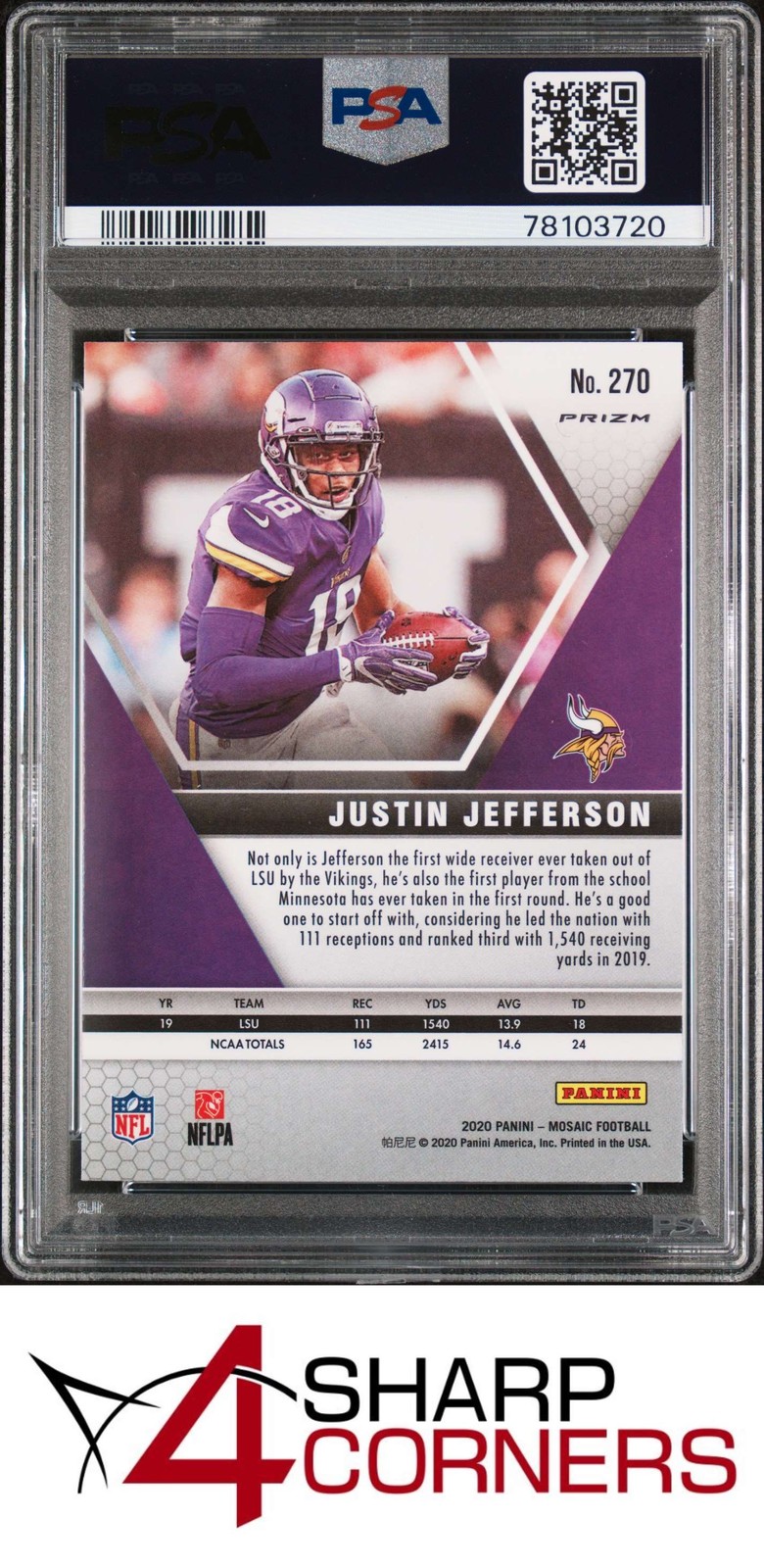 2020 PANINI MOSAIC SILVER PRIZM #270 JUSTIN JEFFERSON RC PSA 9 view 2