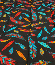 DAVID TEXTILES - COLORFUL FEATHERS ON BLACK COTTON- 1/2 YARD