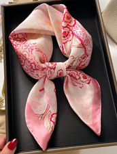 Women Pink Silk-Feel Square Satin Scarf Floral Print Neck Hair Head Wrap