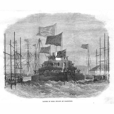 Schiffsstart der HMS Cyclops bei Blackwall - antiker Druck 1871