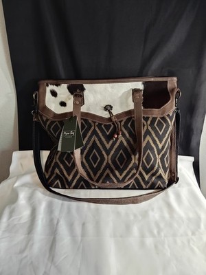 Myra Malachite Leather Tote W/ Animal Print Cowhide New