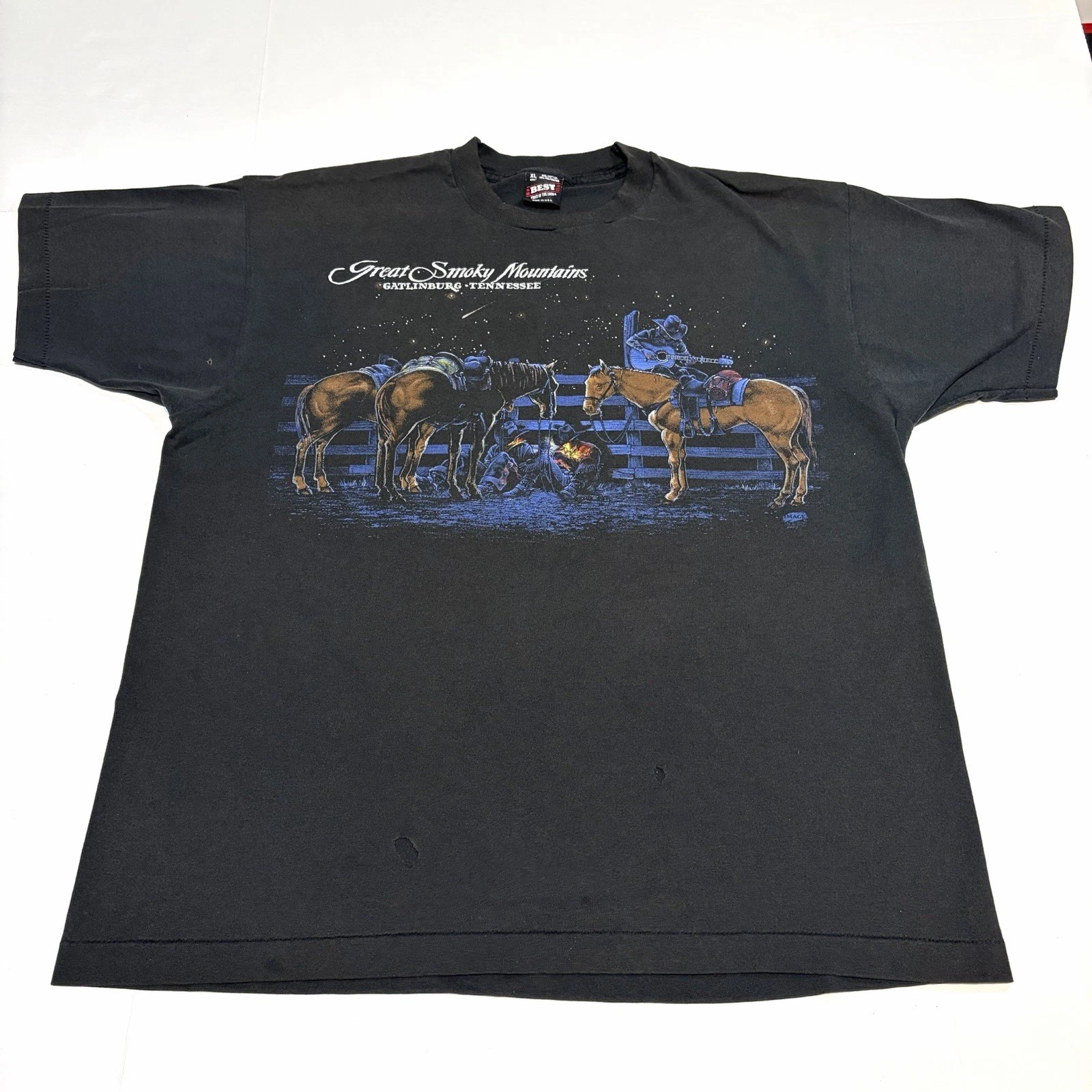 Vintage Best Fruit of the Looms Cowboys Horses Around Campfire Shirt