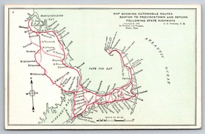 Postcard Map Showing Auto Routes Boston to Provincetown State Hwy Massachusetts