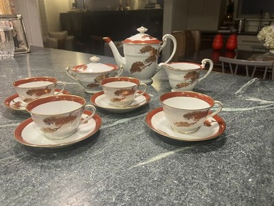 Noritake Tea Set Service Nippon Toki Kaisha Teapot & Cups Red & Gold Japan