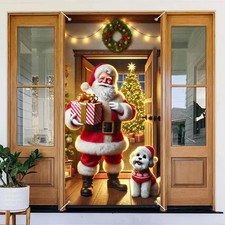 Christmas Door Banner Decorations 71x35 inch Santa Claus with Gift and Dog Do...