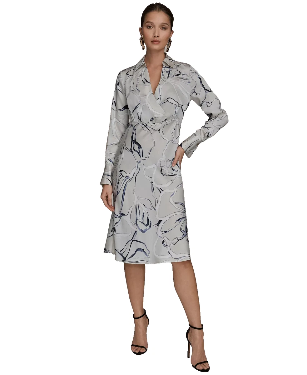 donna karan women's collared long-sleeve a-line dress Donna Karan New York Women's Long-Sleeve Satin Collared V-Neck Midi Wrap Dress - Tuscan Gray