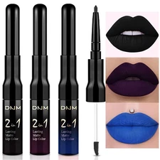 evpct 3Pcs Dark Black Purple Royal Blue Matte Lip Liner and Liquid Lipstick L...
