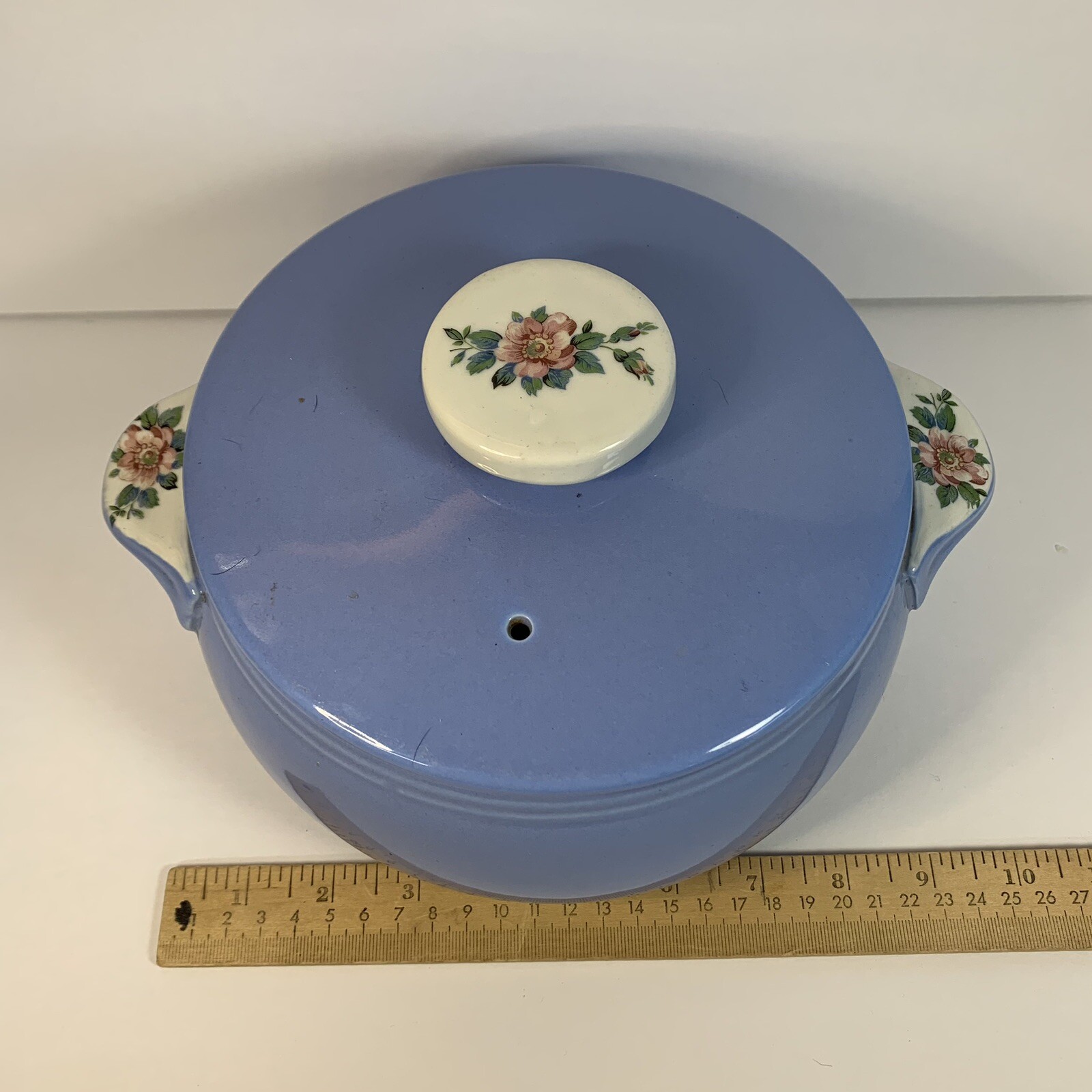 Vintage Hall China Co Kitchenware Handled Blue Casserole in Rose Parade with Lid
