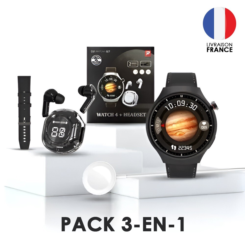 Kit montre connectée noire et écouteurs sans fil TWS avec deux sangles en silicone interchangeables