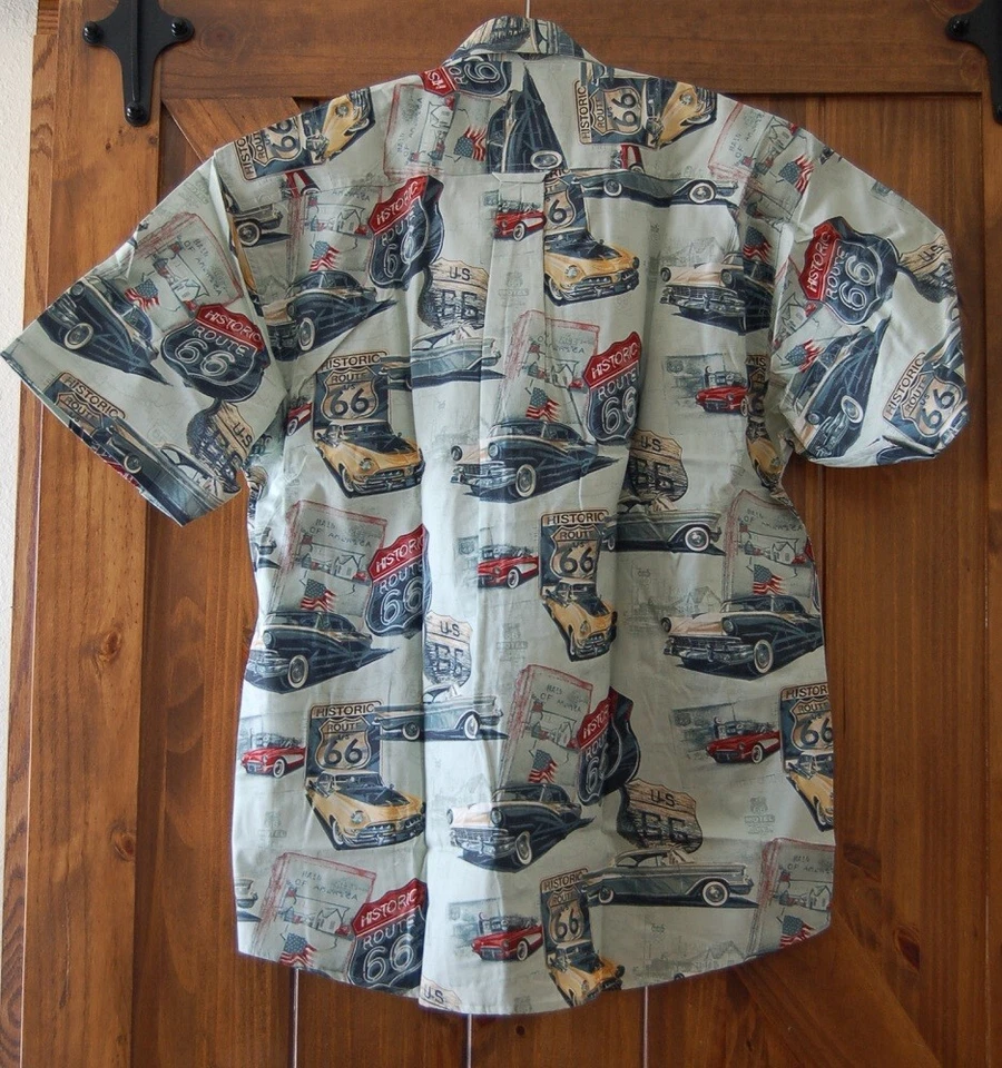 Car Guy 夏季巡航休闲礼服衬衫 66 号公路主题,经典 50 年代汽车大号 — 第 2/4 张图片
