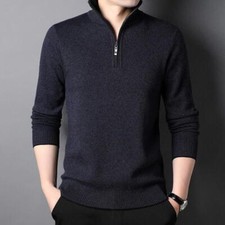Mens Thickened Half-High Zipper Collar 100 Wool Pullover Sweater Youth Business