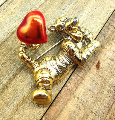 1990s Disney Tigger Love Brooch Pin Trembler Heart Red Enamel Gold