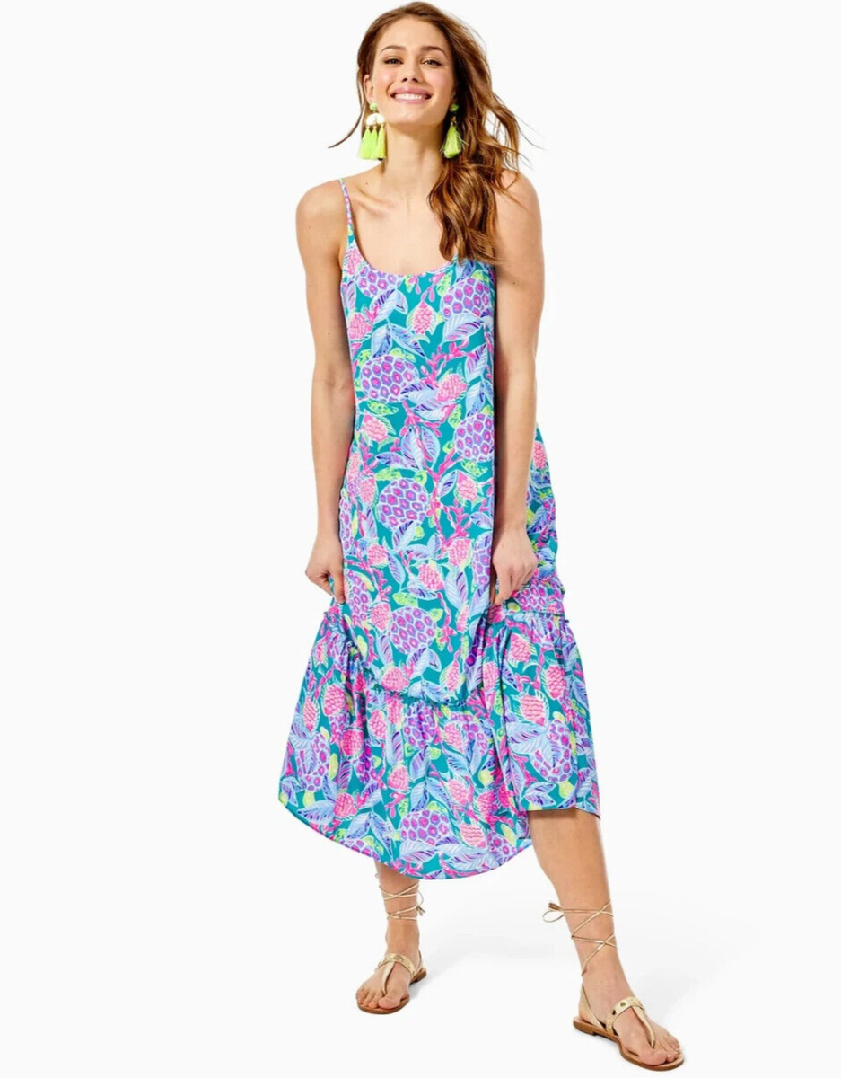 $188 NWT LILLY PULITZER Sz2XS WINNI SPAGHETTI STRAPS RUFFLED MIDI