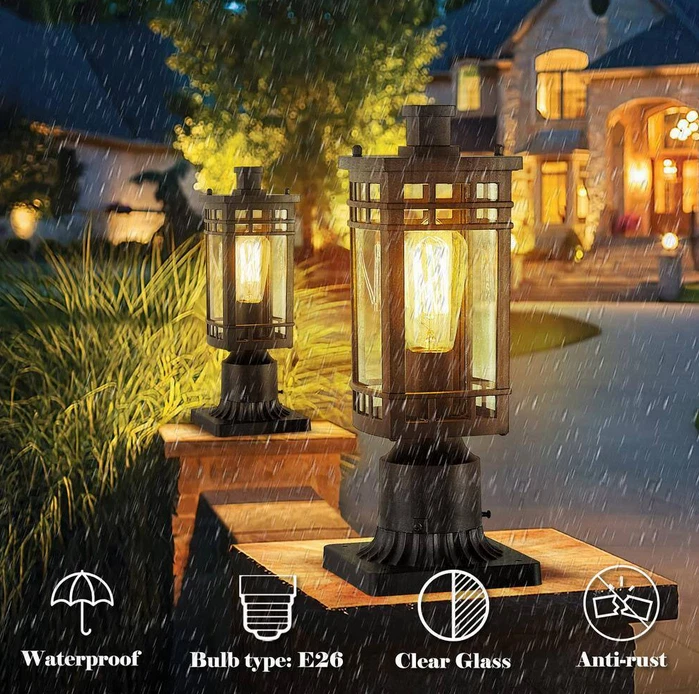 JAZAVA 1-Luz Negro Aluminio Cableado Exterior Impermeable Poste Luz Set Foto 4 de 4