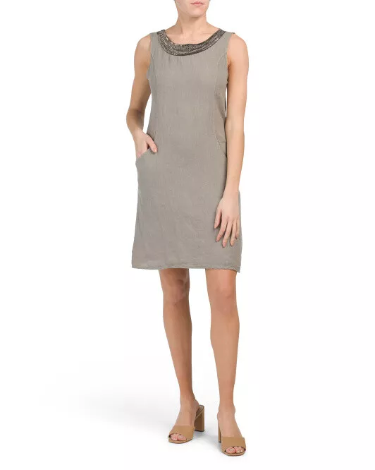 NEW LINA TOMEI EMBELLISHED GREEN GRAY LINEN SHIFT DRESS SIZE L eBay