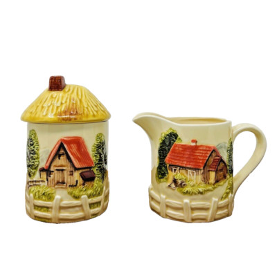 Marks Rosenfeld Creamer & Sugar Bowl/Lid Set Ceramic Hut Barn Cottage Japan 4.5''