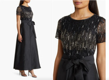 Pisarro Nights Black Beaded Bodice Mixed Media Gown Size 6 288