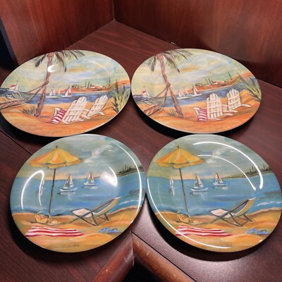Evolution Sakura S Vassileva Melamine Set of 4 Plates Boat Beach Lake