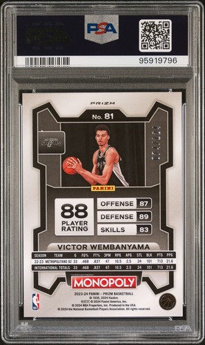 2023 Panini Prizm Monopoly Orange Victor Wembanyama Rookie RC #81 PSA 9 /124 - Picture 2 of 2