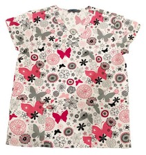 Womens Microfiber Medical Scrub Printed Tops Red Gray Black Butterflies Flower M