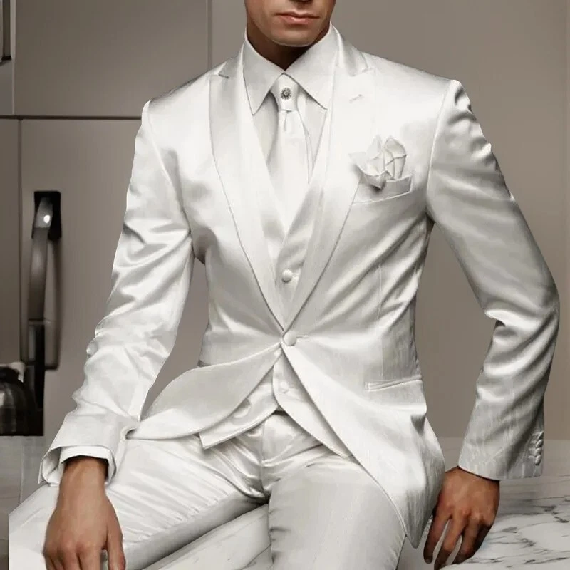 Shiny Satin Silk Men Suits 3pcs Sets Slim Fit Formal Prom Peak Lapel Tuxedos - Image 2 of 4