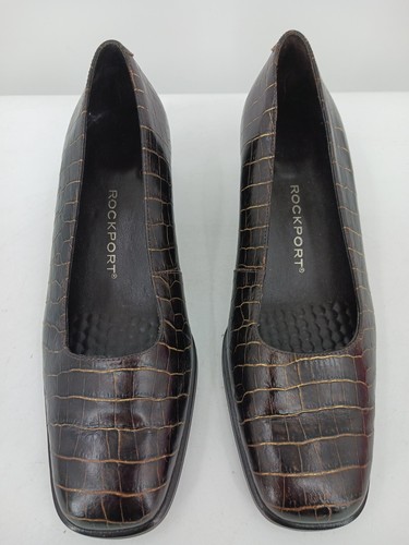 Rockport Women's Heels 9 Brown Block Heel Pumps Square Toe Croc Embossed - Picture 4 of 11