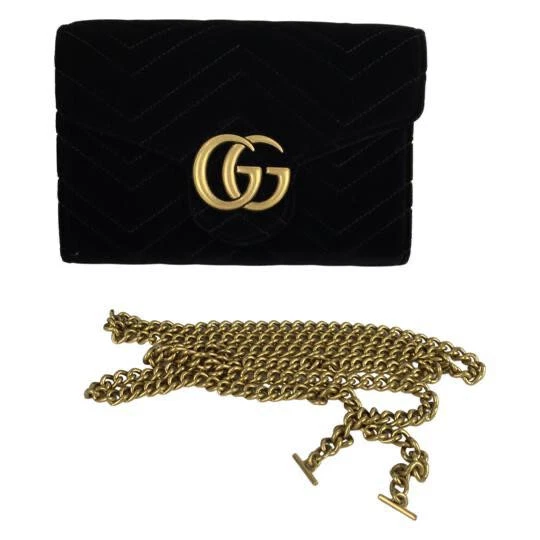 Sac bandoulière portefeuille femme Gucci velours matelasse GG Marmont chaîne noir taille S